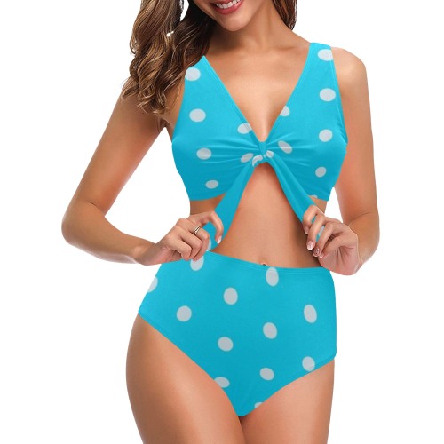 blue white polka dot bikini Chest Bowknot Bikini Swimsuit (Model S33)