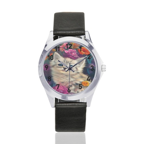 Cute Kittens 9 Unisex Silver-Tone Round Leather Watch (Model 216)