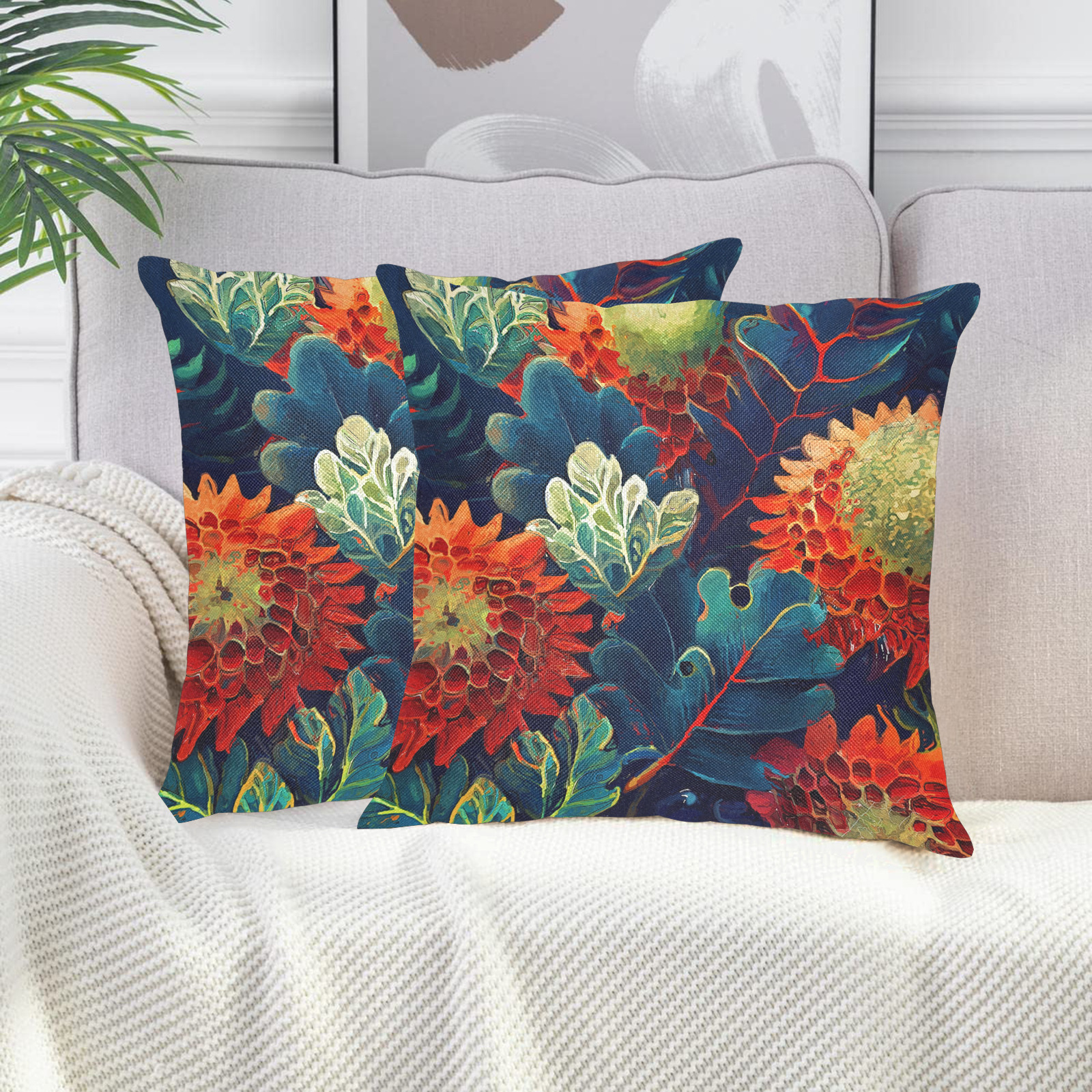 flowers botanic art (7) pillow Linen Zippered Pillowcase 18"x18"(Two Sides&Pack of 2)