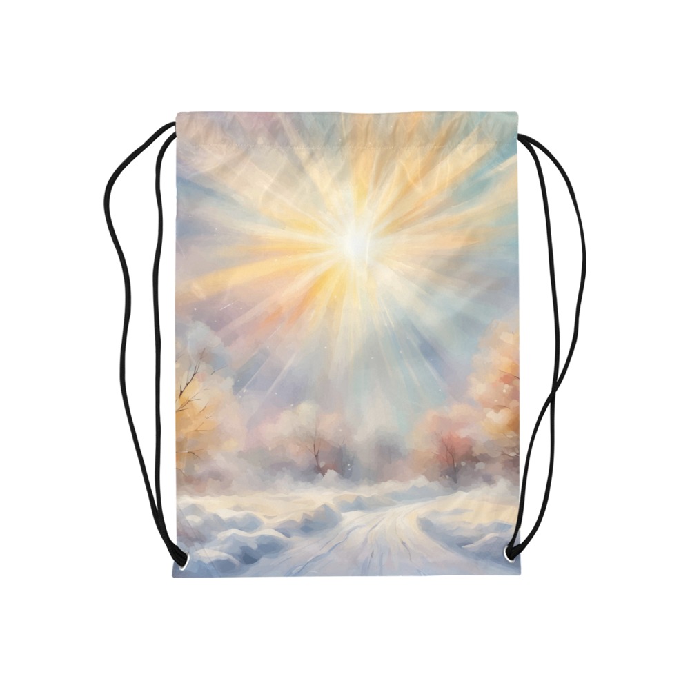 Magical sun is shining over the winter road art Medium Drawstring Bag Model 1604 (Twin Sides) 13.8"(W) * 18.1"(H)
