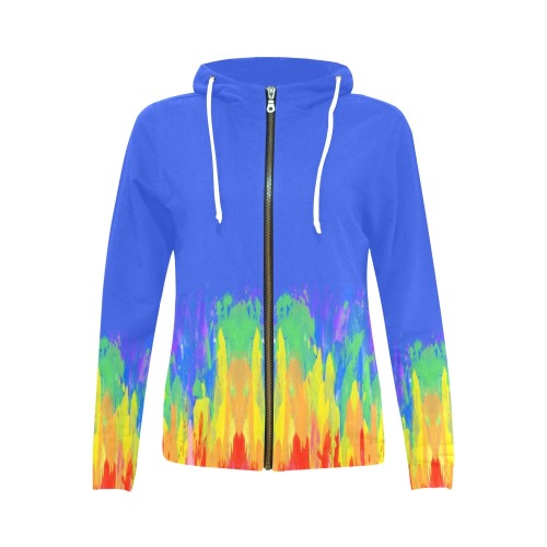 Abstract Paint Flames Blue All Over Print Full Zip Hoodie for Women (Model H14)