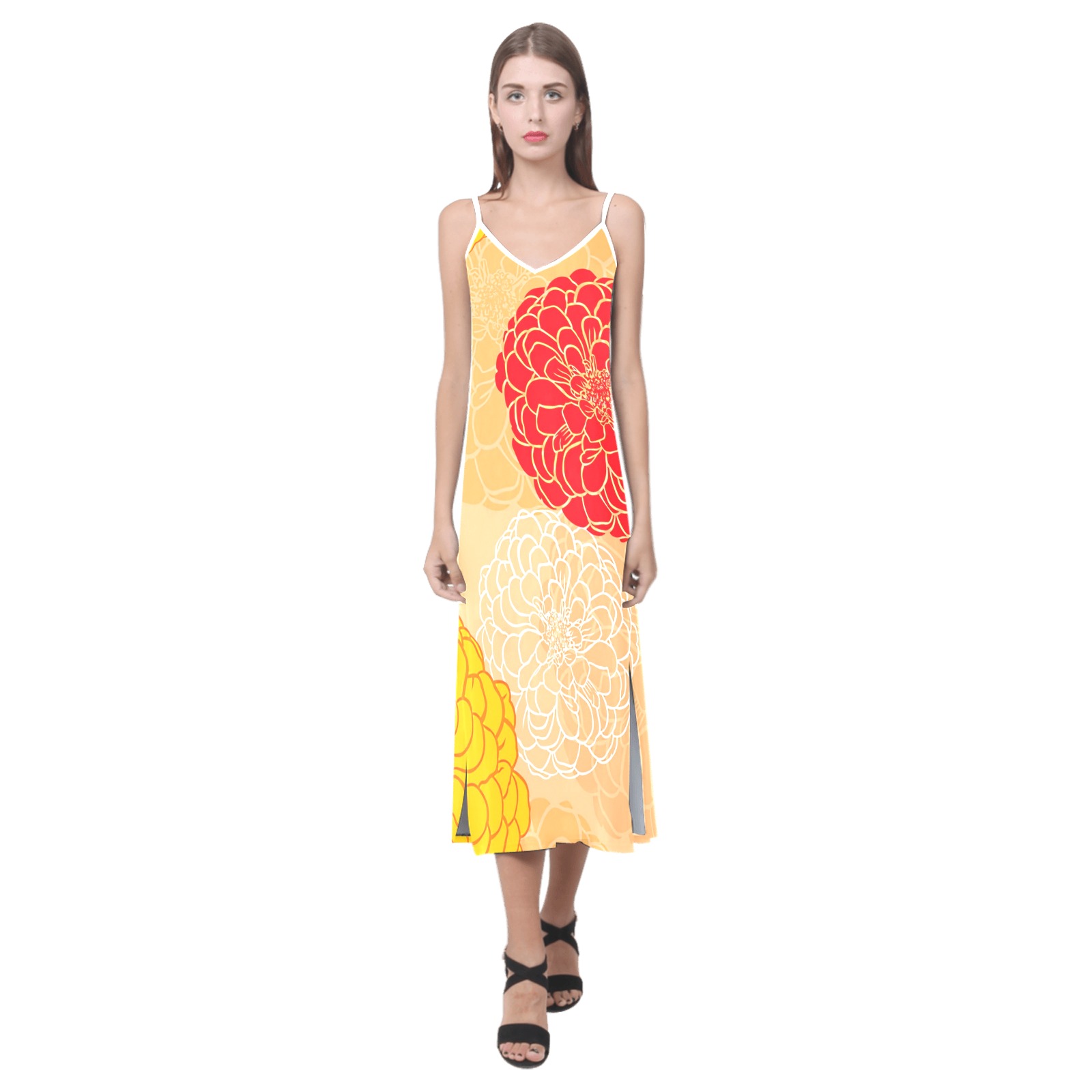 Red Zinnia Tan Background V-Neck Open Fork Long Dress(Model D18)