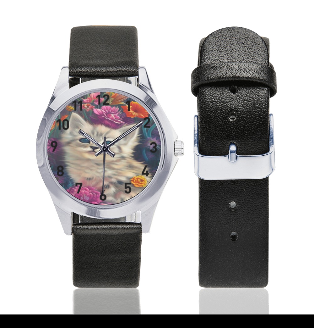 Cute Kittens 9 Unisex Silver-Tone Round Leather Watch (Model 216)