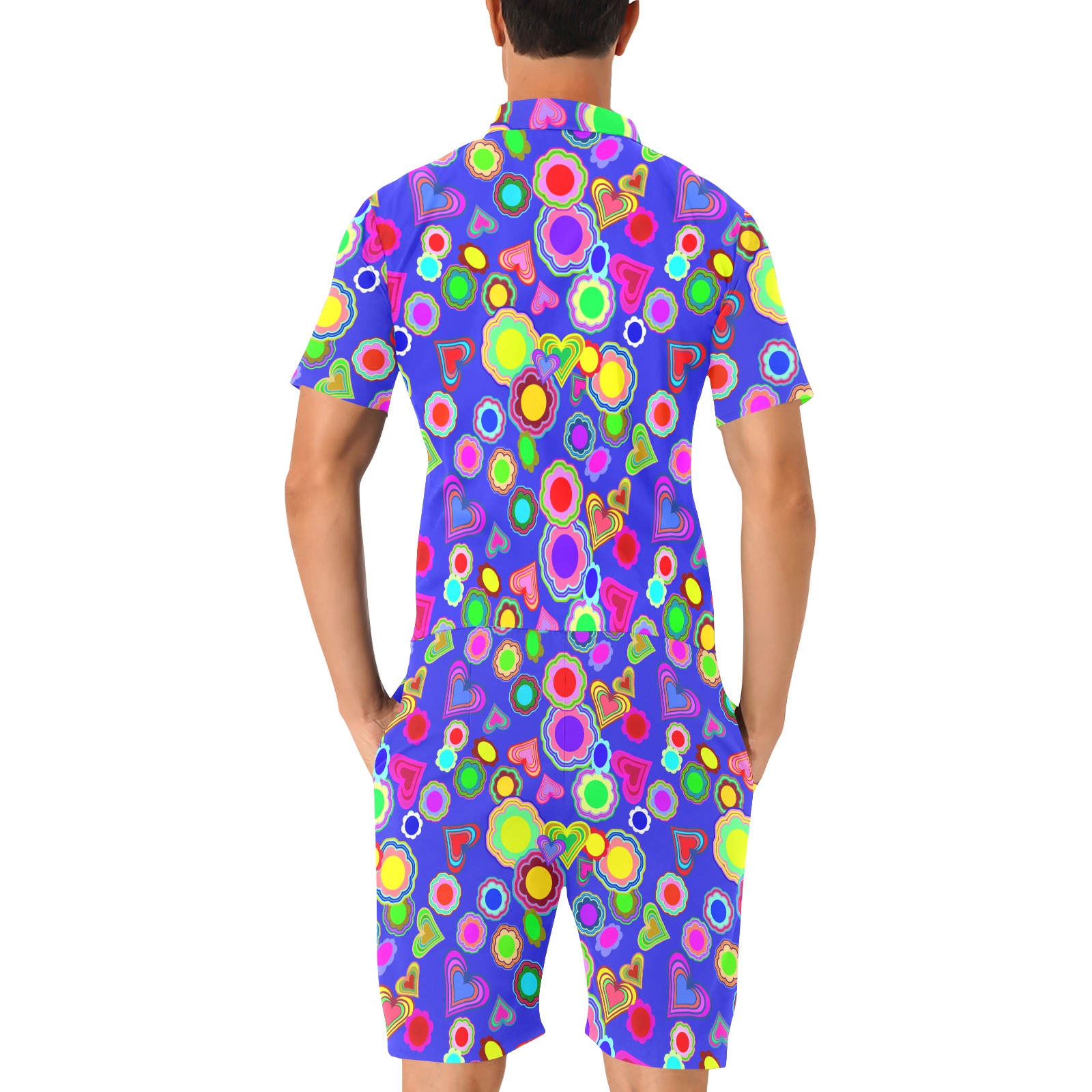 Groovy Hearts and Flowers Blue Men's Short Sleeve Jumpsuit