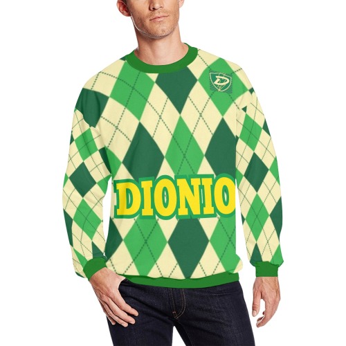Dionio Clothing - Men's Argyle Sweatshirt ( Green & Yellow) Men's Oversized Fleece Crew Sweatshirt (Model H18)