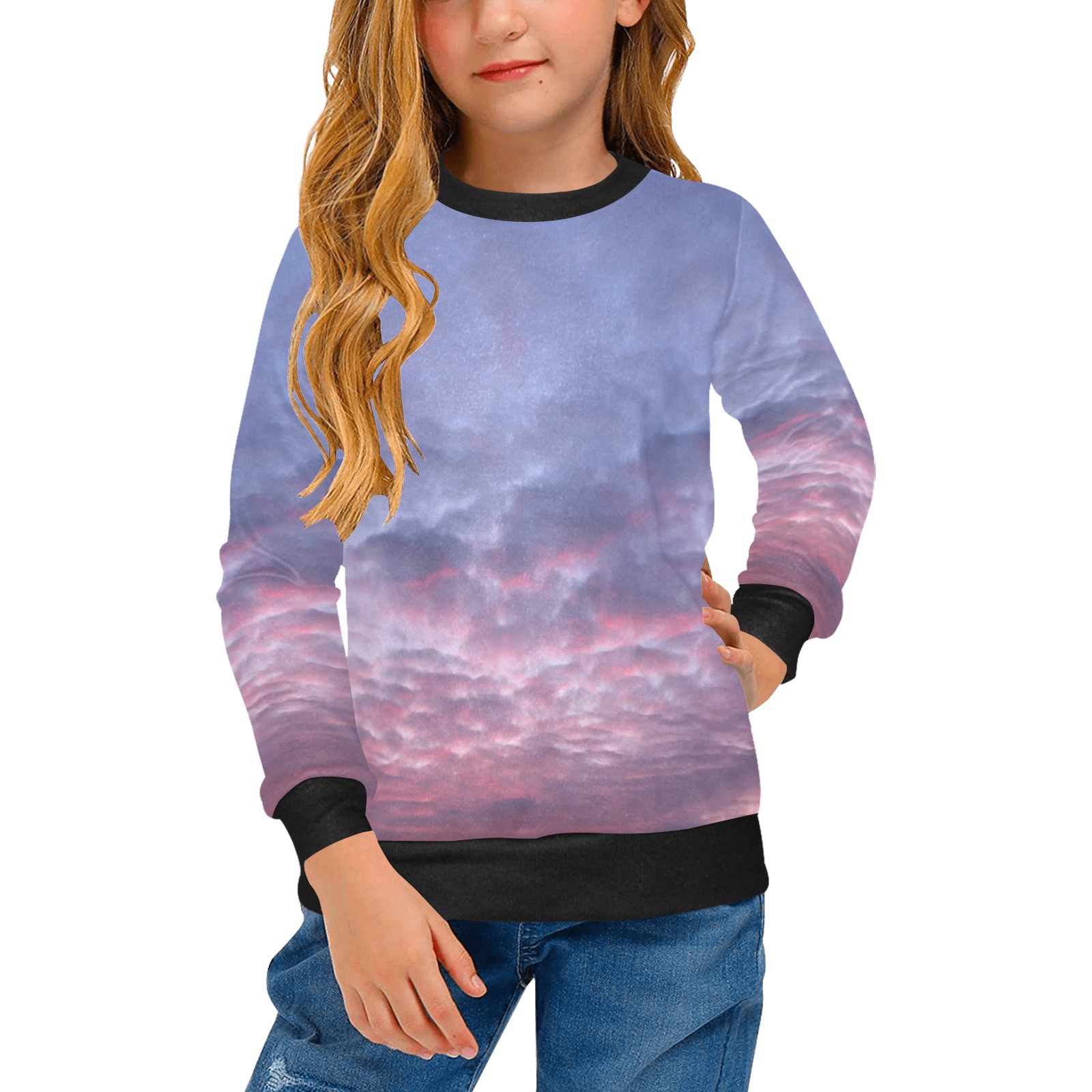 Morning Purple Sunrise Collection Girls' All Over Print Crew Neck Sweater (Model H49)