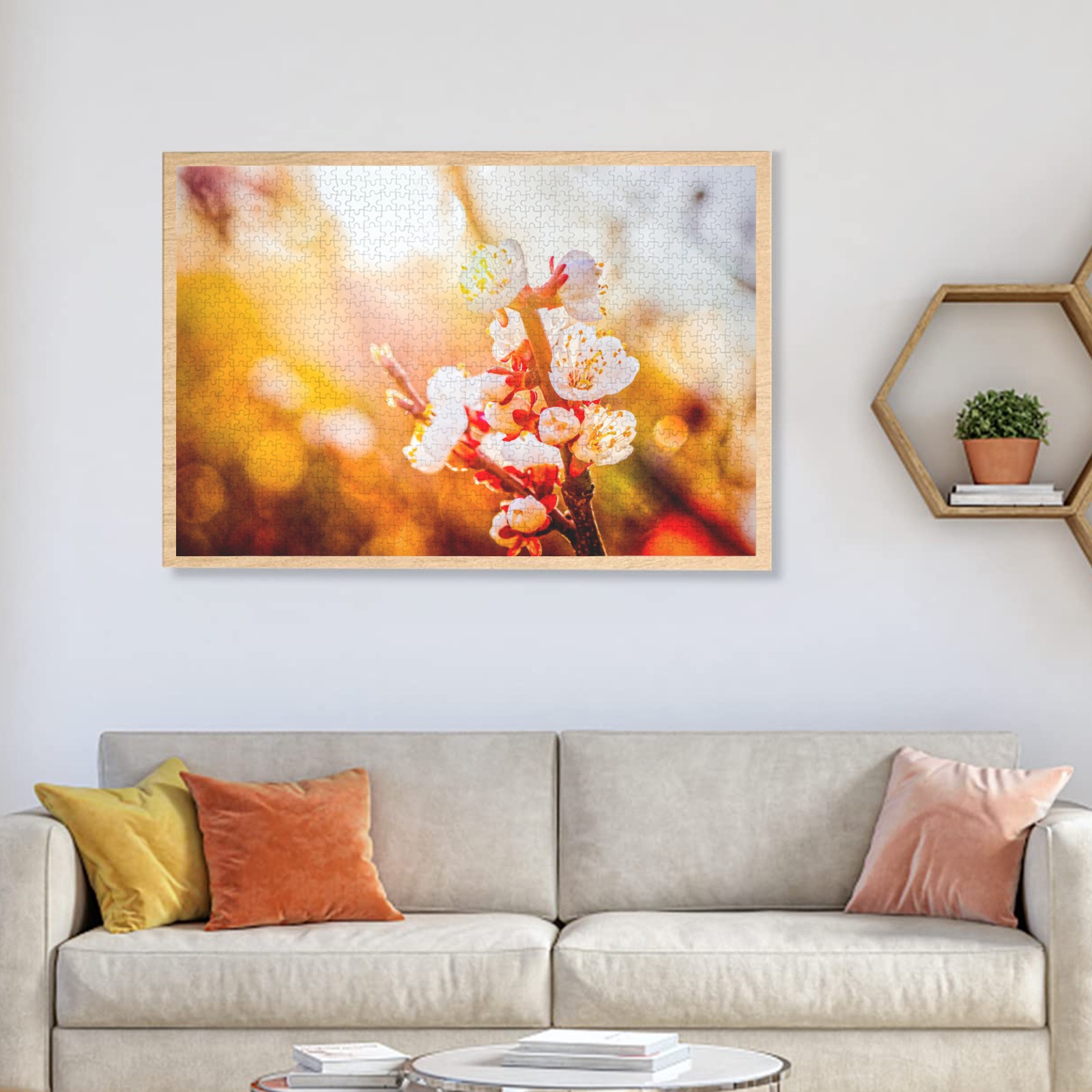 Japanese apricot flowers in the light of sunset. 1000-Piece Wooden Jigsaw Puzzle (Horizontal)