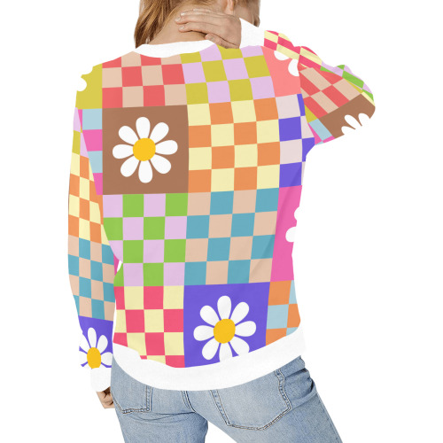 Mid Century Geometric Checkered Retro Floral Daisy Flower Pattern Women's Rib Cuff Crew Neck Sweatshirt (Model H34)