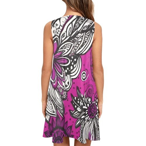Hippy Tie Dye Pink Sleeveless A-Line Pocket Dress (Model D57)