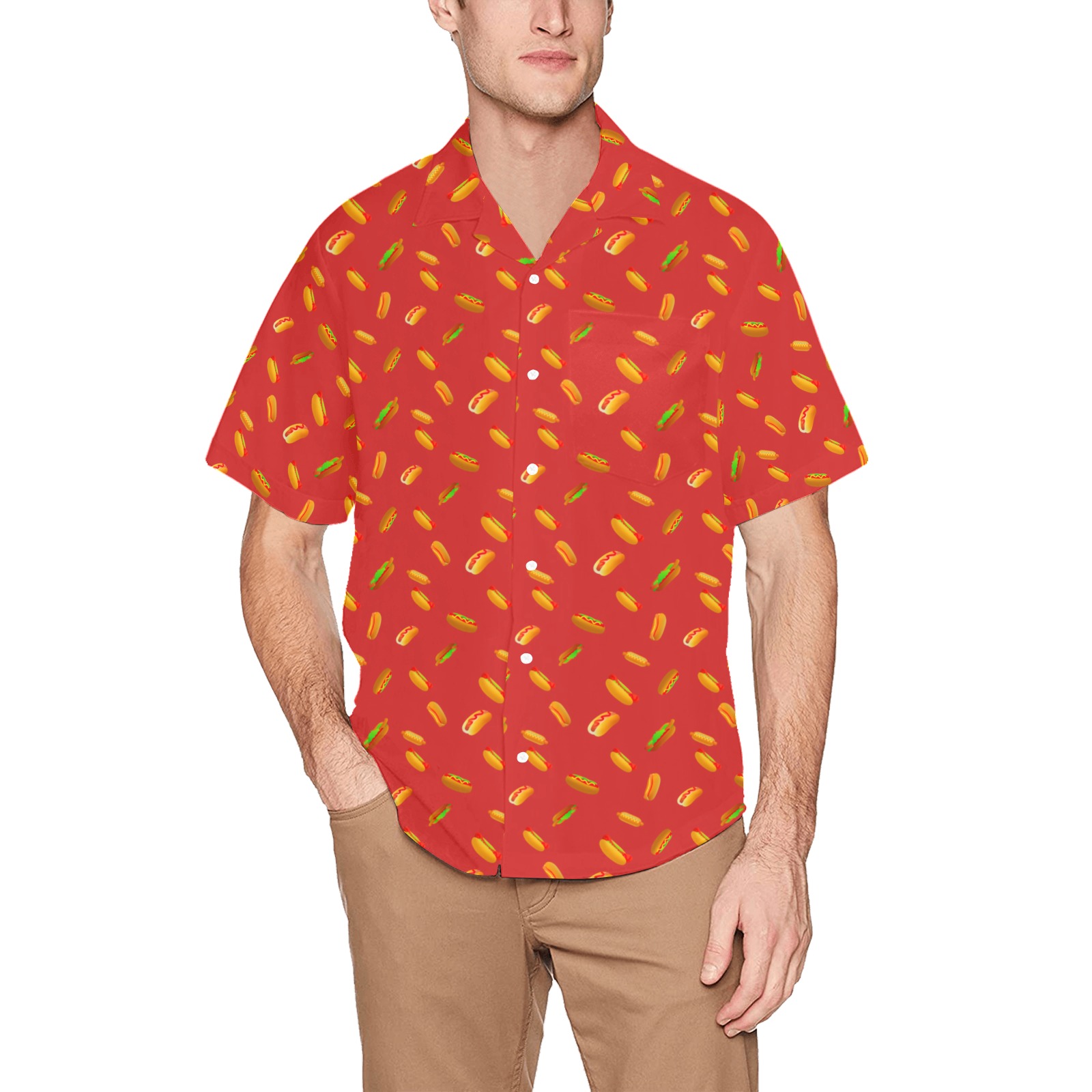 Hot Dog Pattern on Red Hawaiian Shirt with Chest Pocket (Model T58)