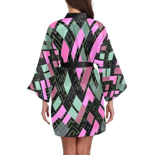 Pink Green Black Geometric Long Sleeve Kimono Robe