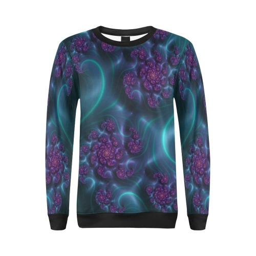 Turquoise and Purple Flowers and Seedheads Fractal Abstract All Over Print Crewneck Sweatshirt for Women (Model H18)