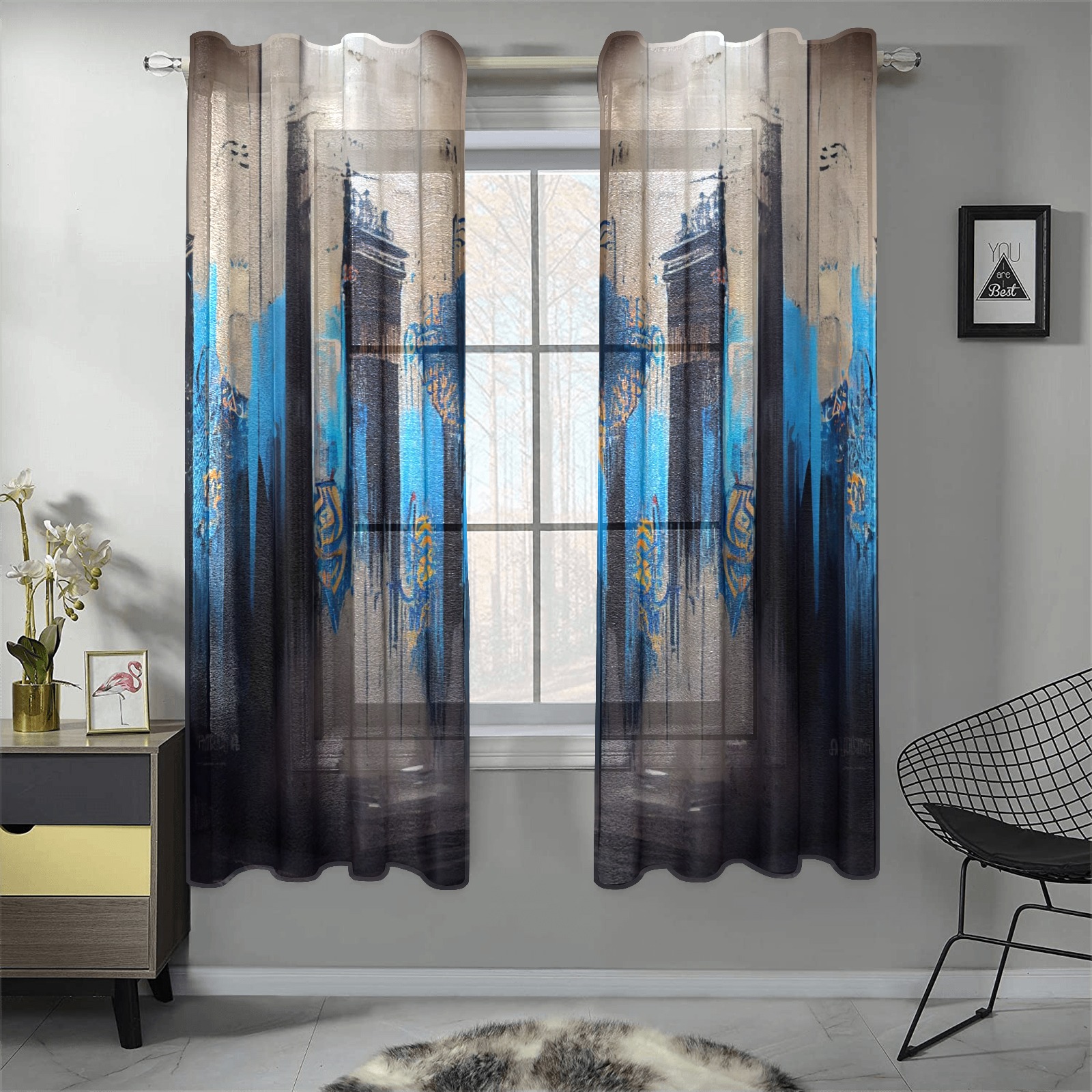 graffiti building's black and blue Gauze Curtain 28"x63" (Two-Piece)