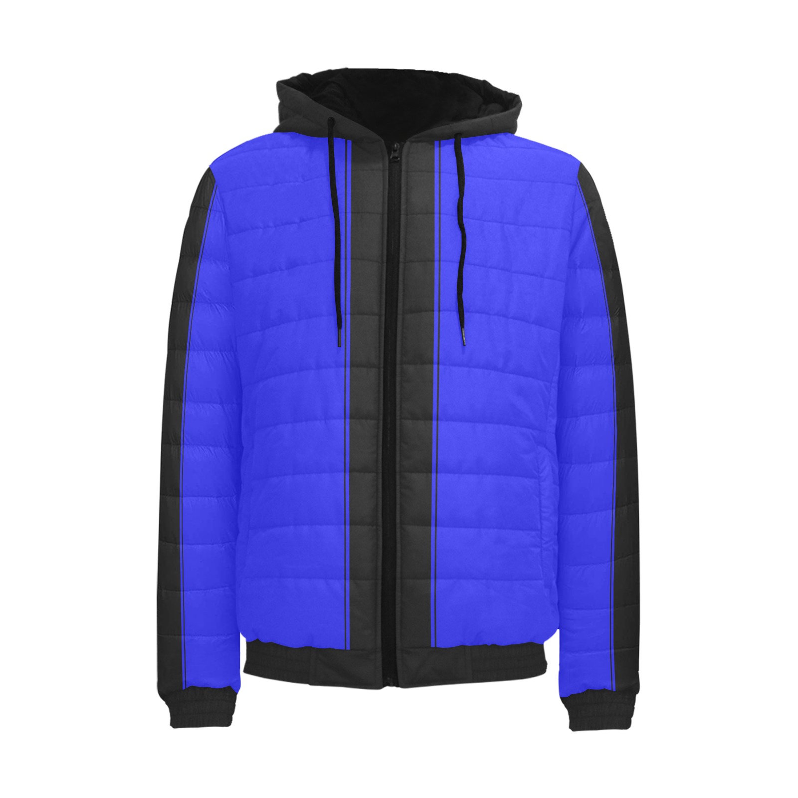 Blue Black Stripe Racing Men's Padded Hooded Jacket (Model H42)