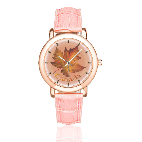 Gold Canada Maple Leaf Wristwatch Women's Rose Gold Leather Strap Watch(Model 201)