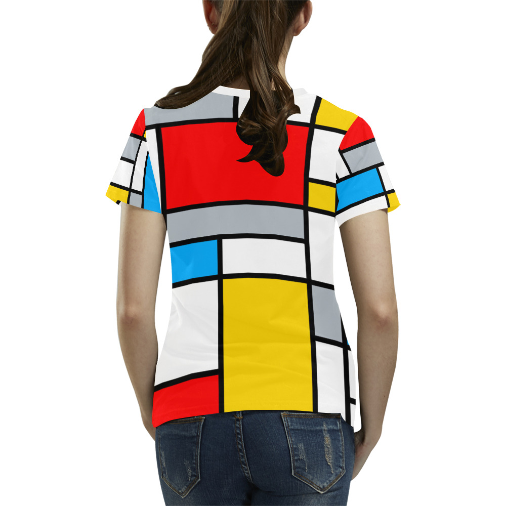 Mondrian Style Color Composition Geometric Retro Art All Over Print T-Shirt for Women (USA Size) (Model T40)