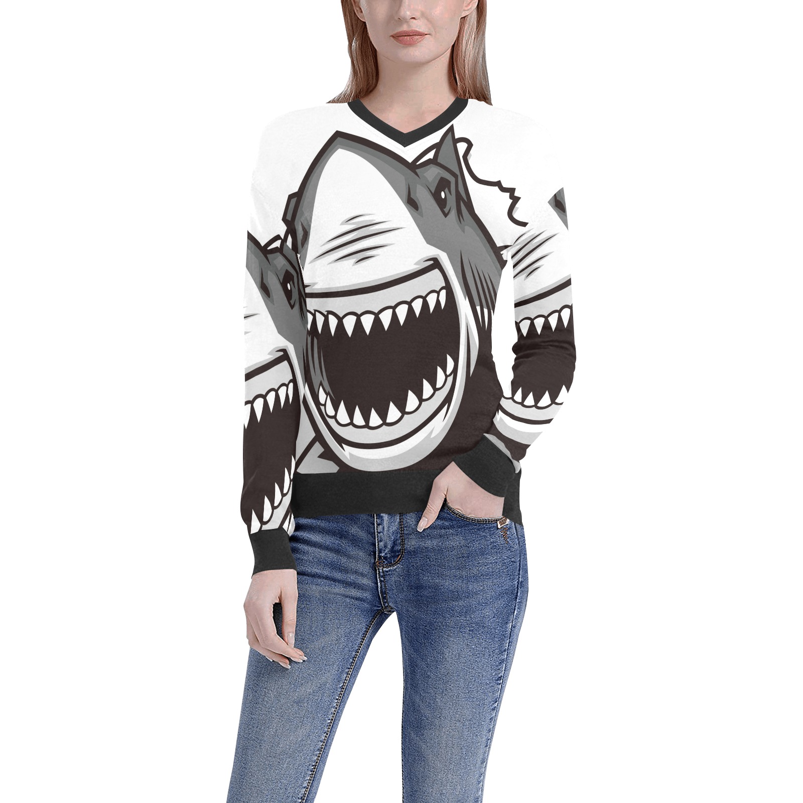 Shark Women's All Over Print V-Neck Sweater (Model H48)