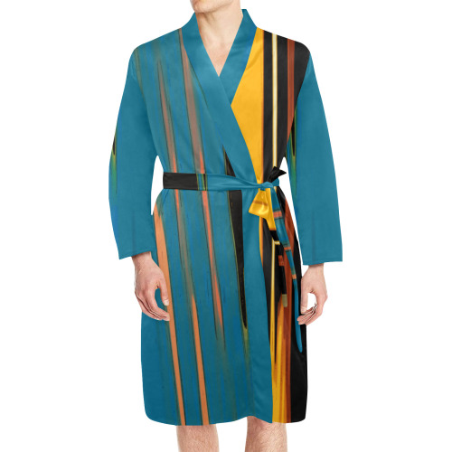 Black Turquoise And Orange Go! Abstract Art Men's Long Sleeve Belted Night Robe (Model H56)