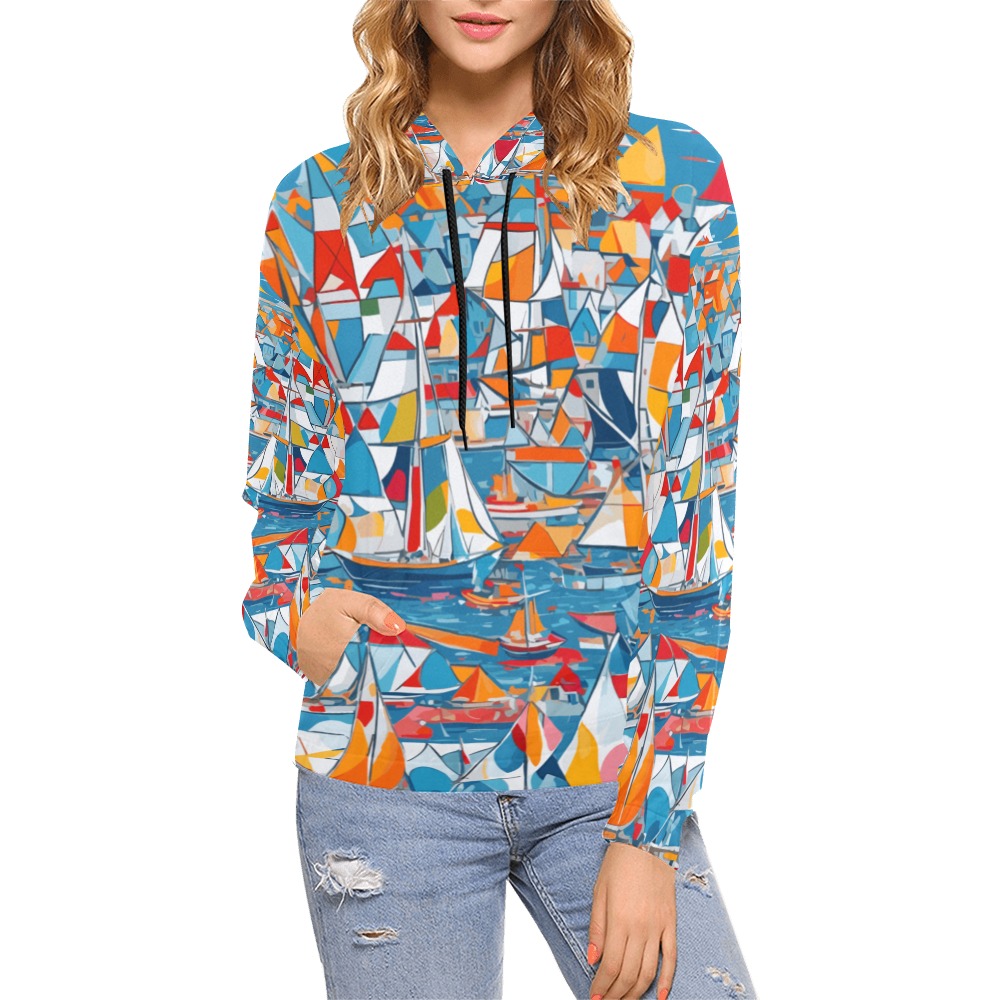 Colorful yachts, sailboats. Blue sea. Abstract art All Over Print Hoodie for Women (USA Size) (Model H13)