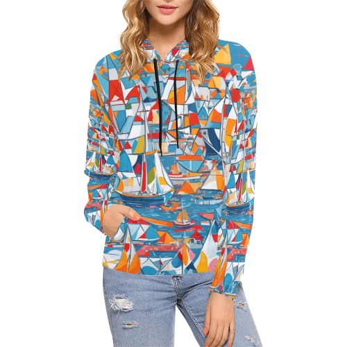 Colorful yachts, sailboats. Blue sea. Abstract art All Over Print Hoodie for Women (USA Size) (Model H13)