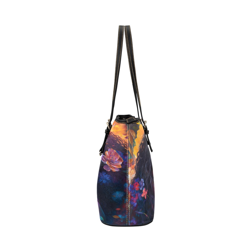Yell AA flowing flower Leather Tote Bag/Small (Model 1651)