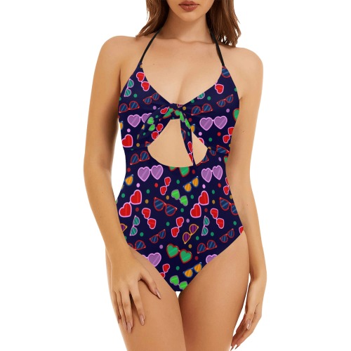 Sunglasses Halter Style with Tie Front One Piece Swimsuit Mommy and Me Backless Hollow Out Bow Tie Swimsuit (Model S17)