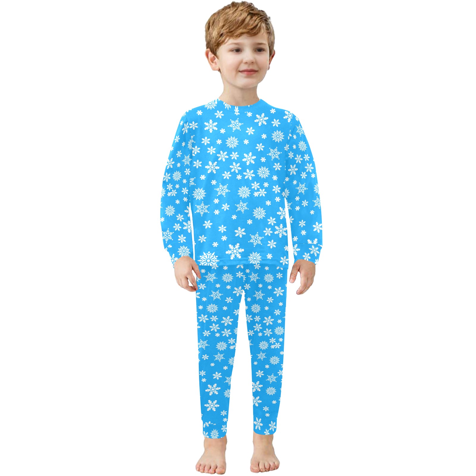 Christmas White Snowflakes on Light Blue Little Boys' Crew Neck Long Pajama Set