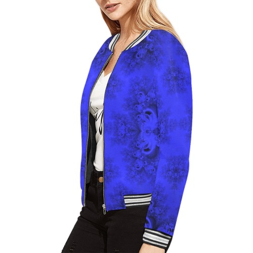 Midnight Blue Gardens Frost Fractal All Over Print Bomber Jacket for Women (Model H21)