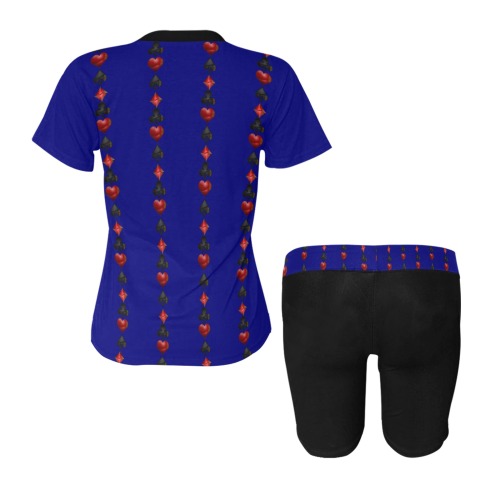 Black and Red Casino Card Shapes on Blue Women's Short Yoga Set
