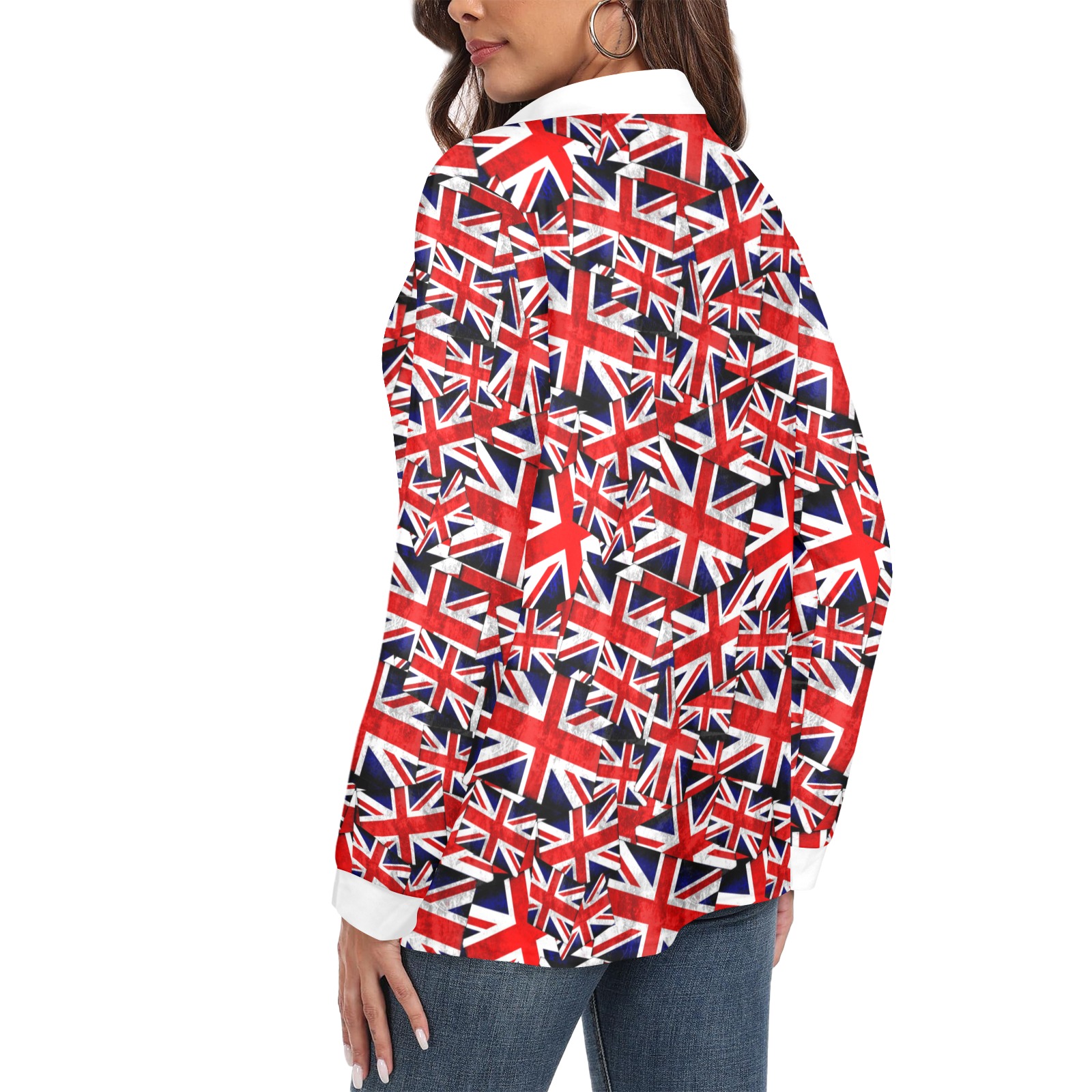 Union Jack British UK Flag / White Women's Long Sleeve Polo Shirt (Model T73)
