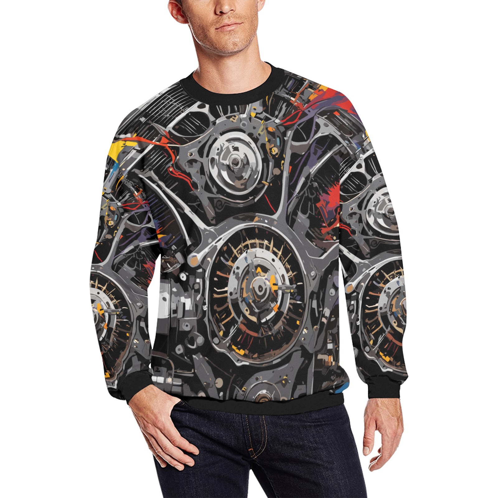 Fantasy Mechanical Engine Colorful Abstract Art Men's Oversized Fleece Crew Sweatshirt (Model H18)