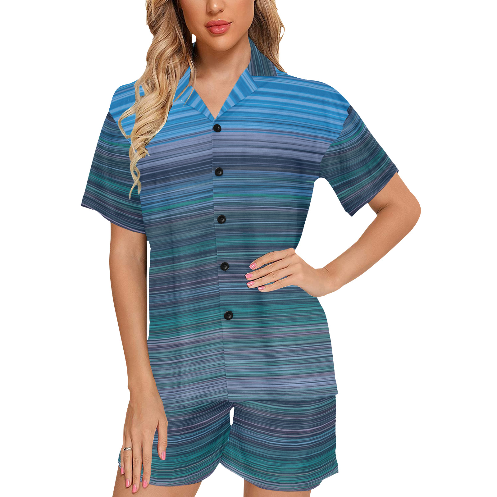 Abstract Blue Horizontal Stripes Women's V-Neck Short Pajama Set