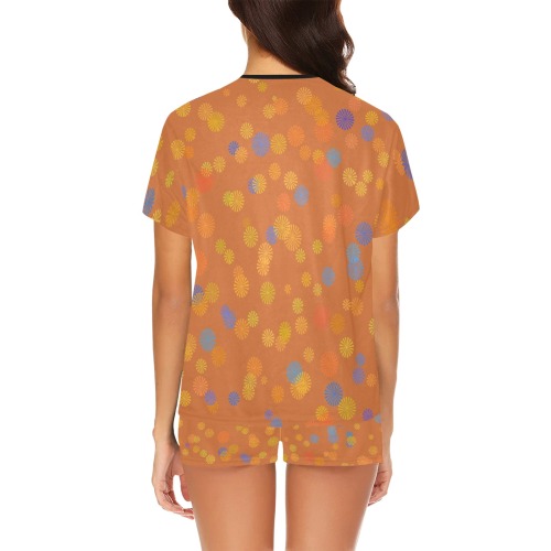 Cute Blue Yellow Daisies on Orange Women's Short Pajama Set