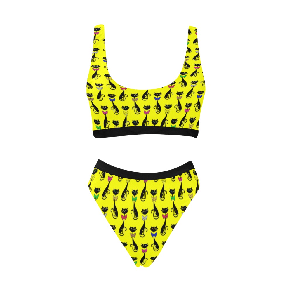 Black Cats Wearing Bow Ties - Yellow Sport Top & High-Waisted Bikini Swimsuit (Model S07)