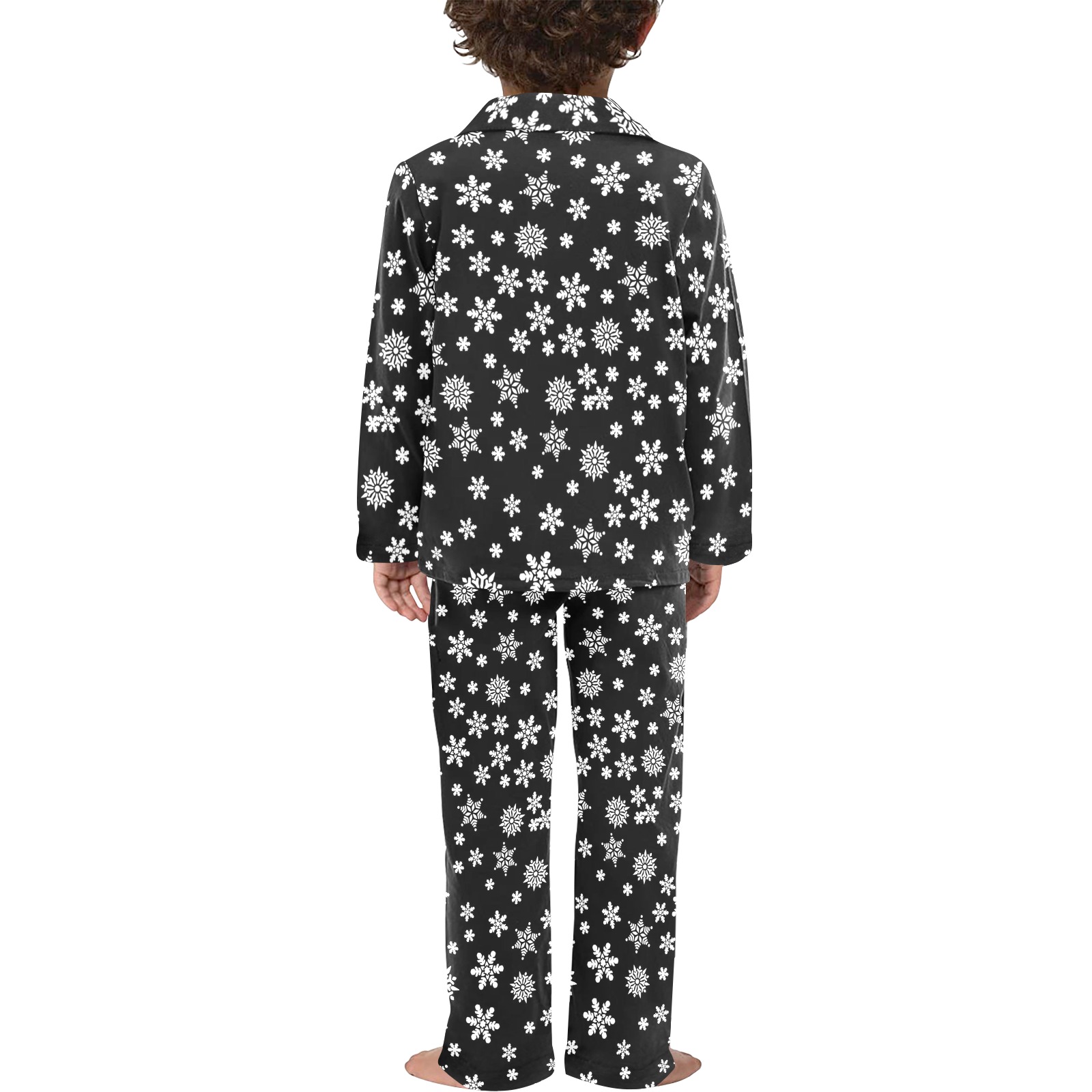 Christmas White Snowflakes on Black Little Boys' V-Neck Long Pajama Set (Sets 02)