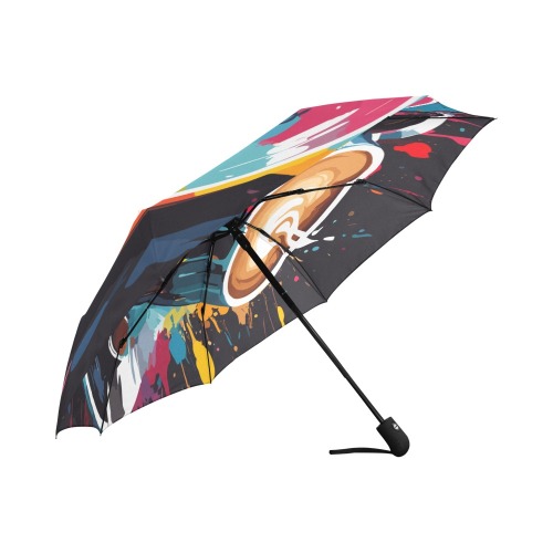 A cup of hot steaming coffee and colors on black Auto-Foldable Umbrella (Model U04)