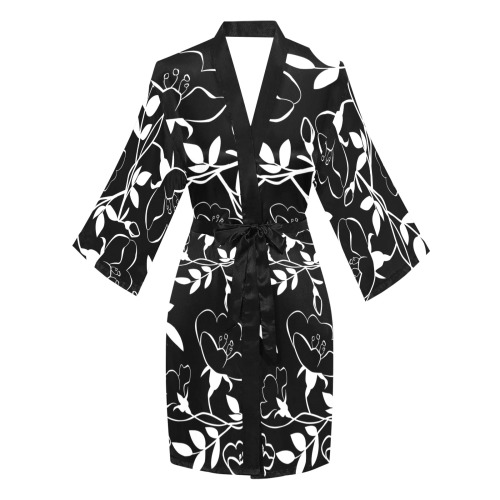 Black White Flora Long Sleeve Kimono Robe
