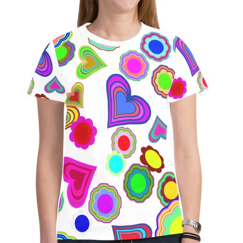 Groovy Hearts Flowers Pattern White New All Over Print T-shirt for Women (Model T45)