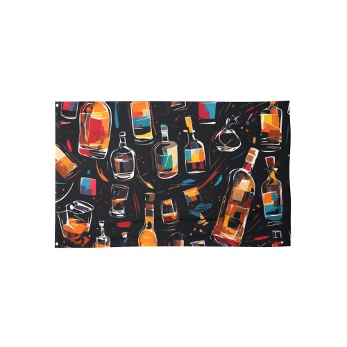 Mix of colorful alcohol bottles, glasses on black House Flag 56"x34.5"