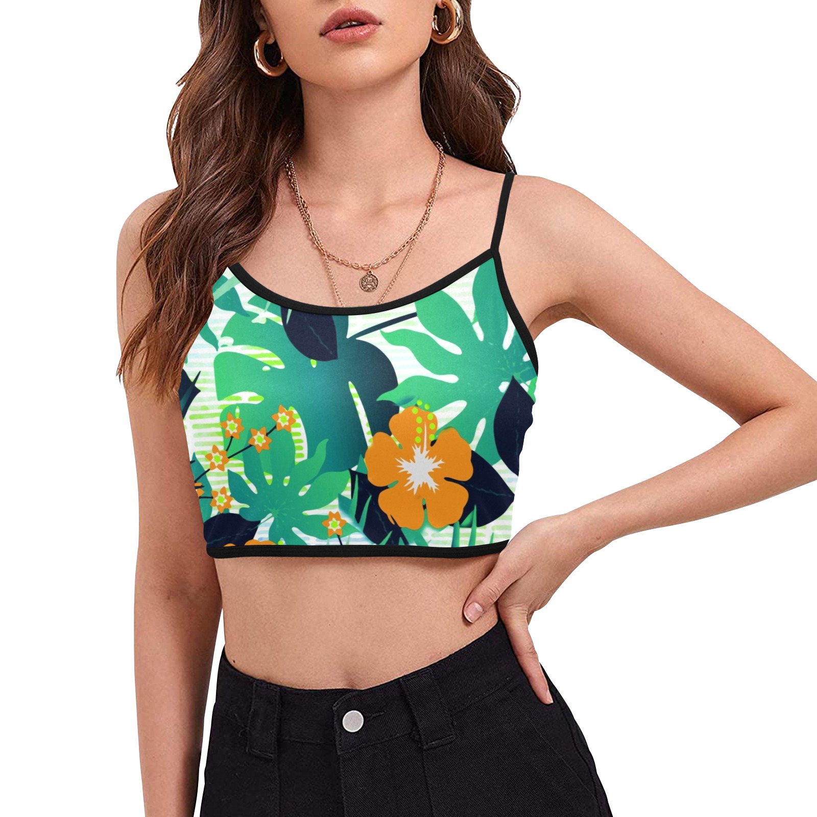 GROOVY FUNK THING FLORAL Women's Spaghetti Strap Crop Top (Model T67)