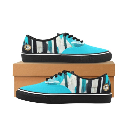 graffiti building's turquoise and black Classic Men's Canvas Low Top Shoes (Model E001-4)