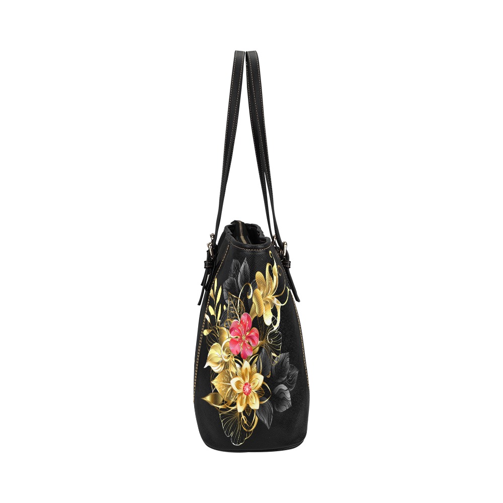 Black and Gold Hummingbird Leather Tote Bag/Large (Model 1640)