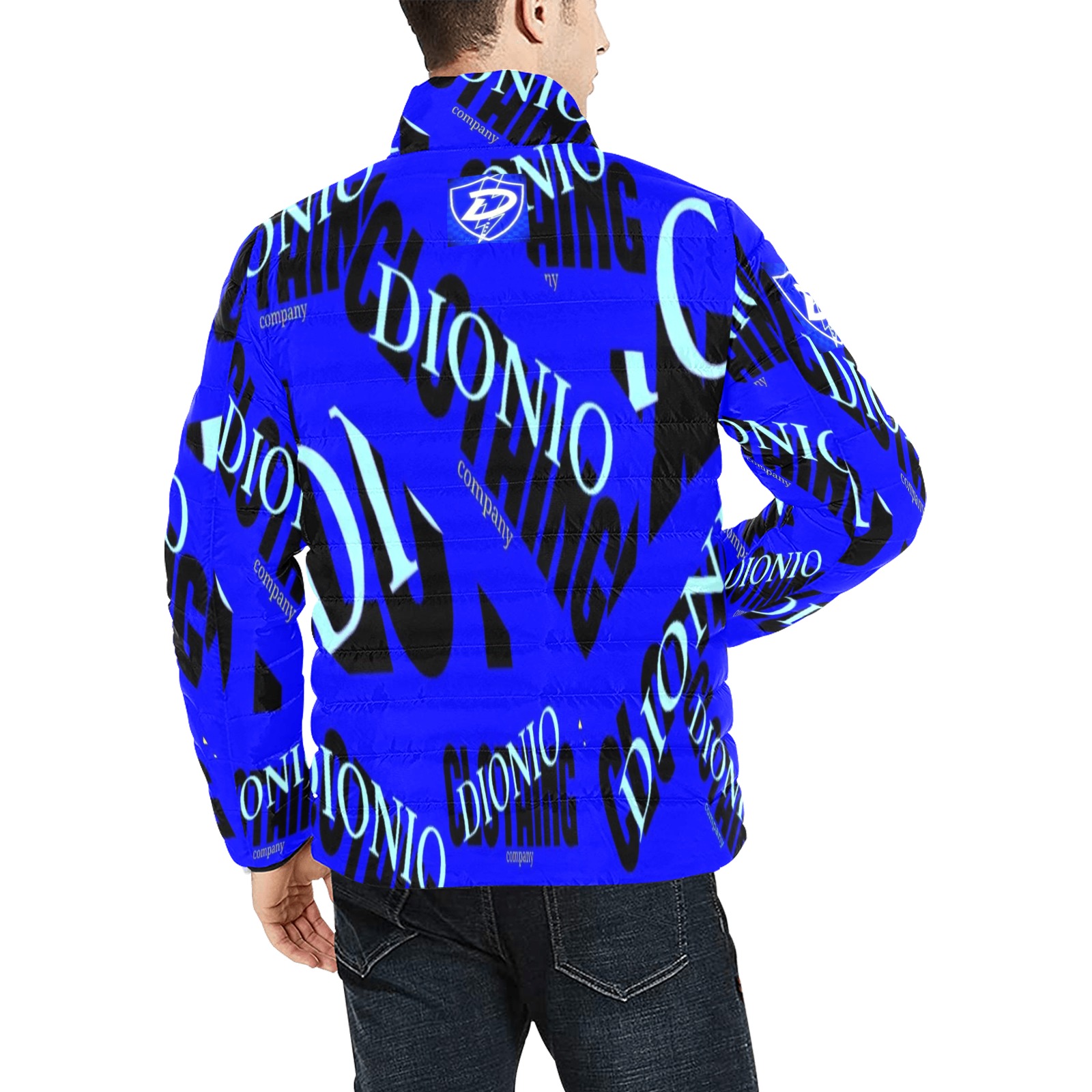 DIONIO Clothing - Men's Collar Padded Jacket (Company Logo Blue Light Blue & Black) Men's Stand Collar Padded Jacket (Model H41)