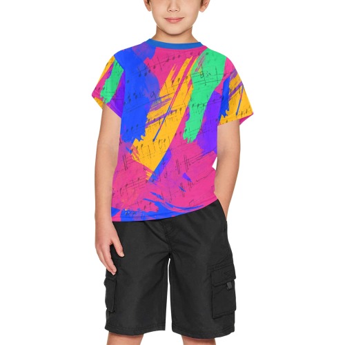Groovy Paint Brush Strokes with Music Notes Big Boys' All Over Print Crew Neck T-Shirt (Model T40-2)