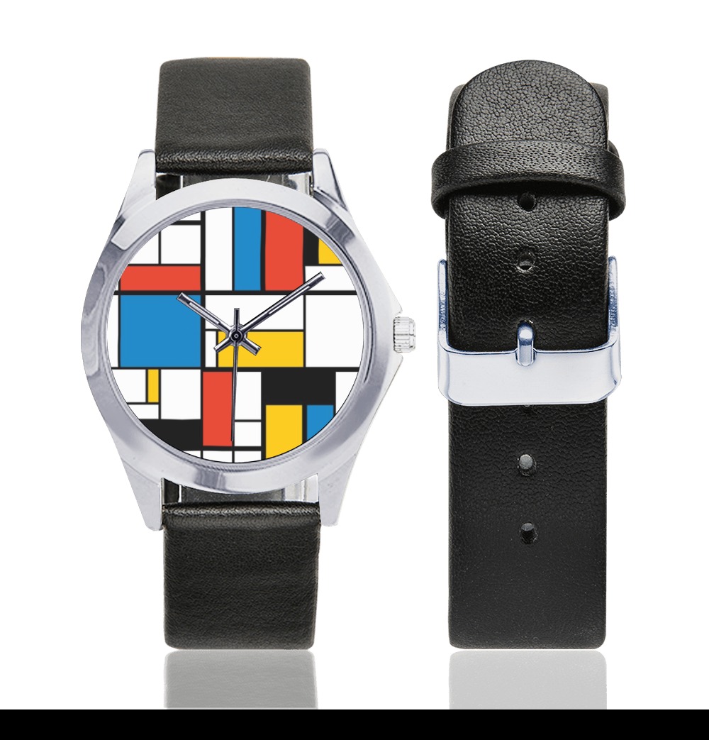 Mondrian De Stijl Modern Unisex Silver-Tone Round Leather Watch (Model 216)