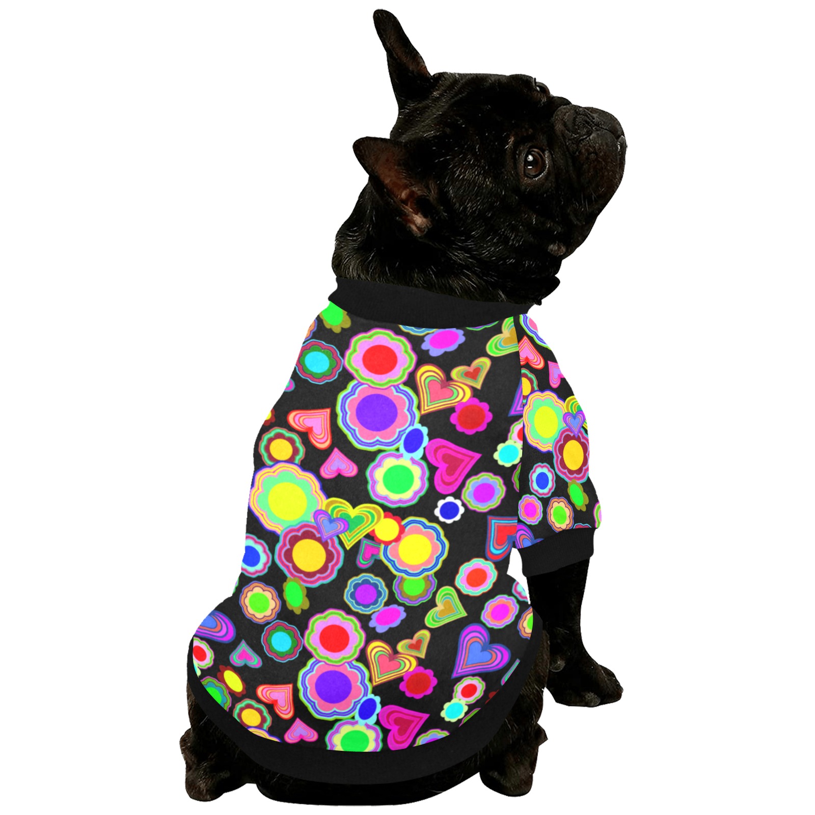 Groovy Hearts and Flowers Black Pet Dog Round Neck Shirt