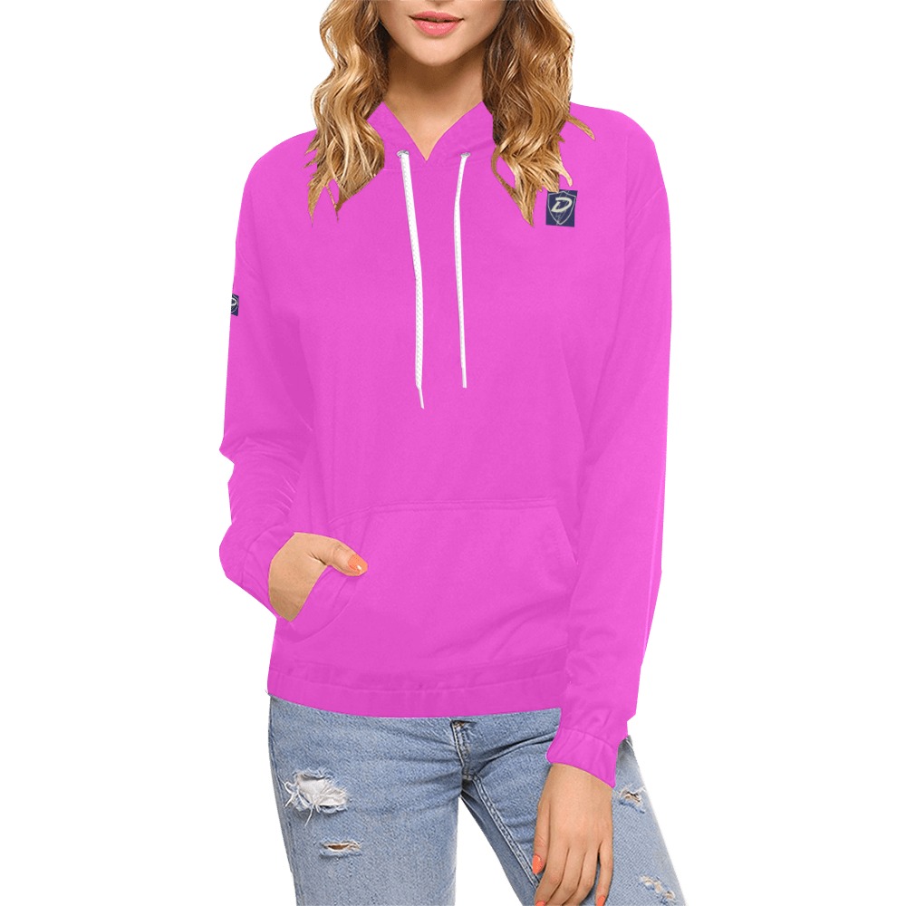 DIONIO Clothing - Women's Hoodie (Pink W/Blue Shield Logo) All Over Print Hoodie for Women (USA Size) (Model H13)