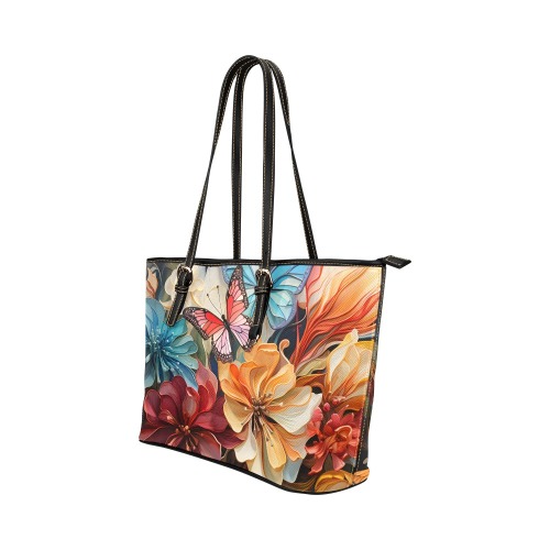 Butterflies and Lillies Leather Tote Bag/Small (Model 1651)