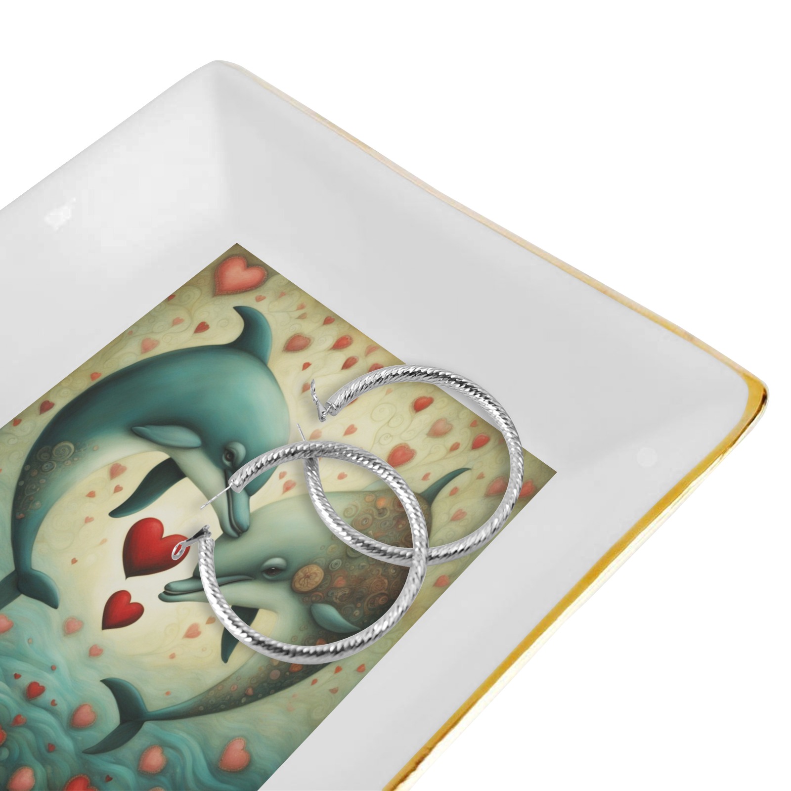 Dolphin Love 2 Square Jewelry Tray with Golden Edge