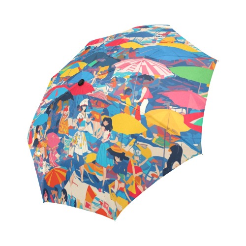 Funny abstract art of a beach, umbrellas, women. Auto-Foldable Umbrella (Model U04)